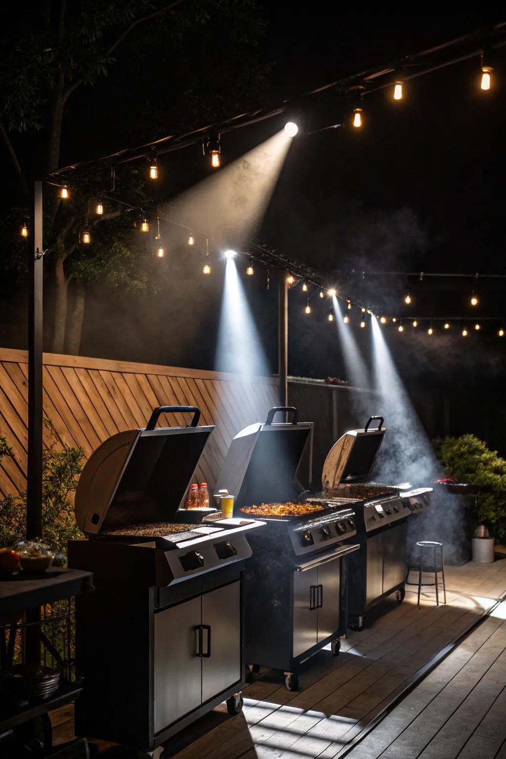 Adaptable spotlights provide targeted lighting for grilling.