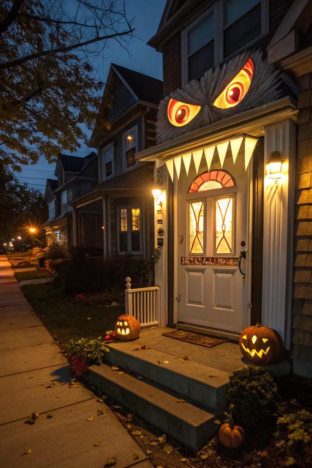 A creature's portal entices guests with a playful Halloween spirit.