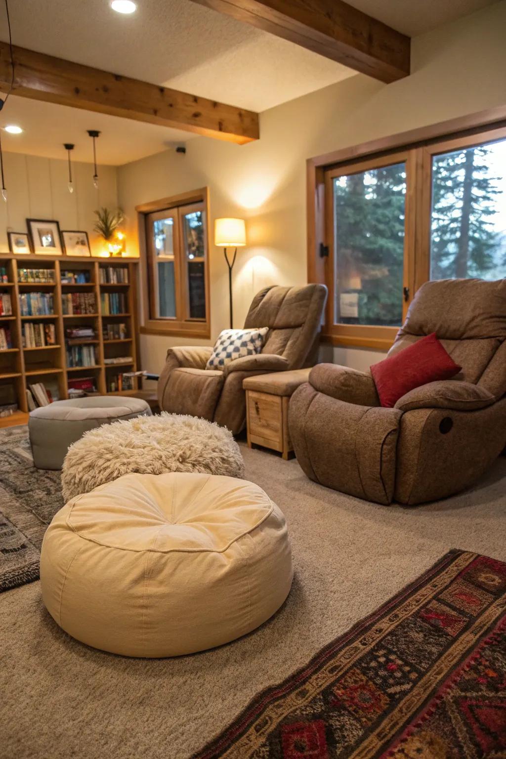 A mixed seating arrangement provides versatility and comfort.