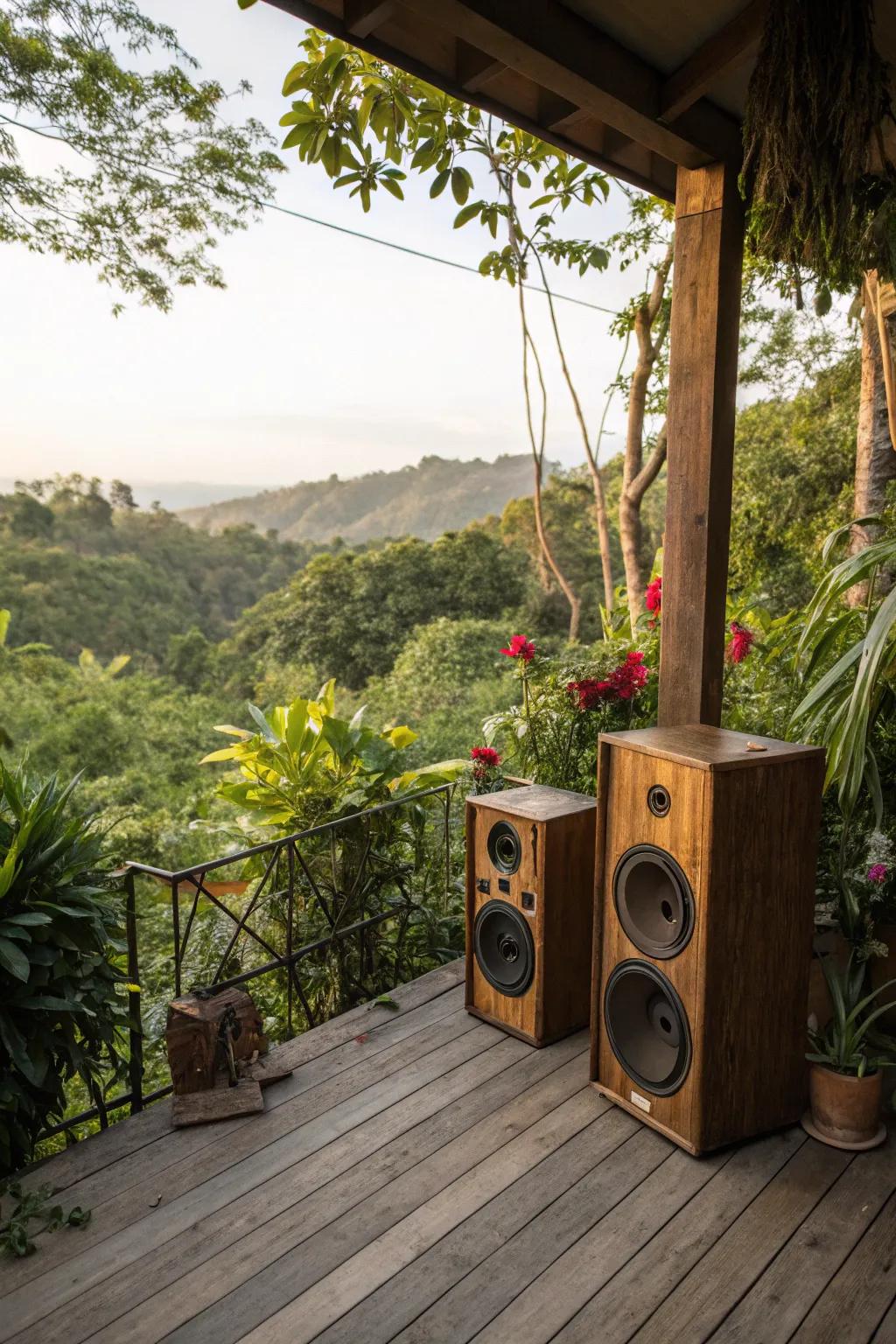 Add a hint of countryside appeal to any outdoor setting with wood speakers.