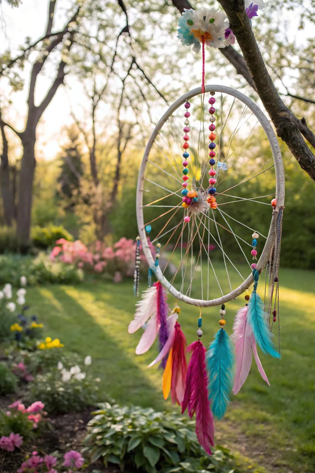 A bohemian bicycle wreath featuring feathers and beads for a free-spirited aesthetic.