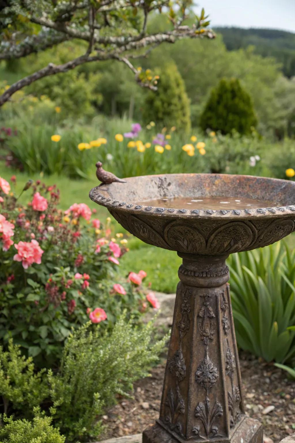 A rough metal bird bath injects urban chic to your garden.