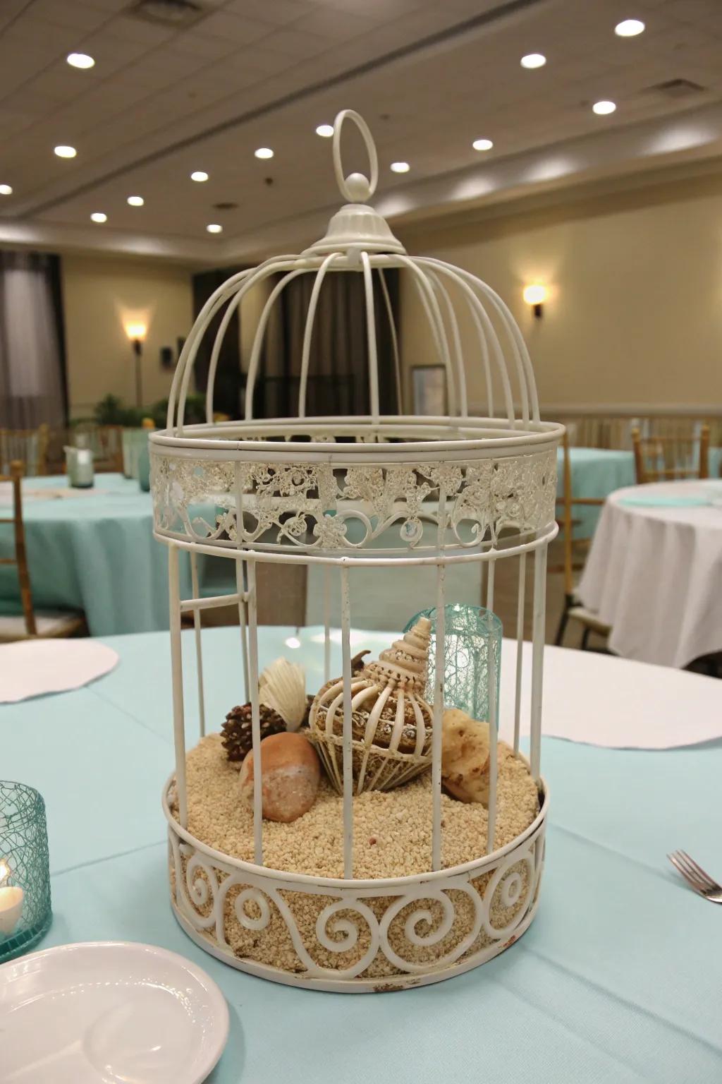 A seaside-inspired bird sanctuary centerpiece incorporating beachy components.