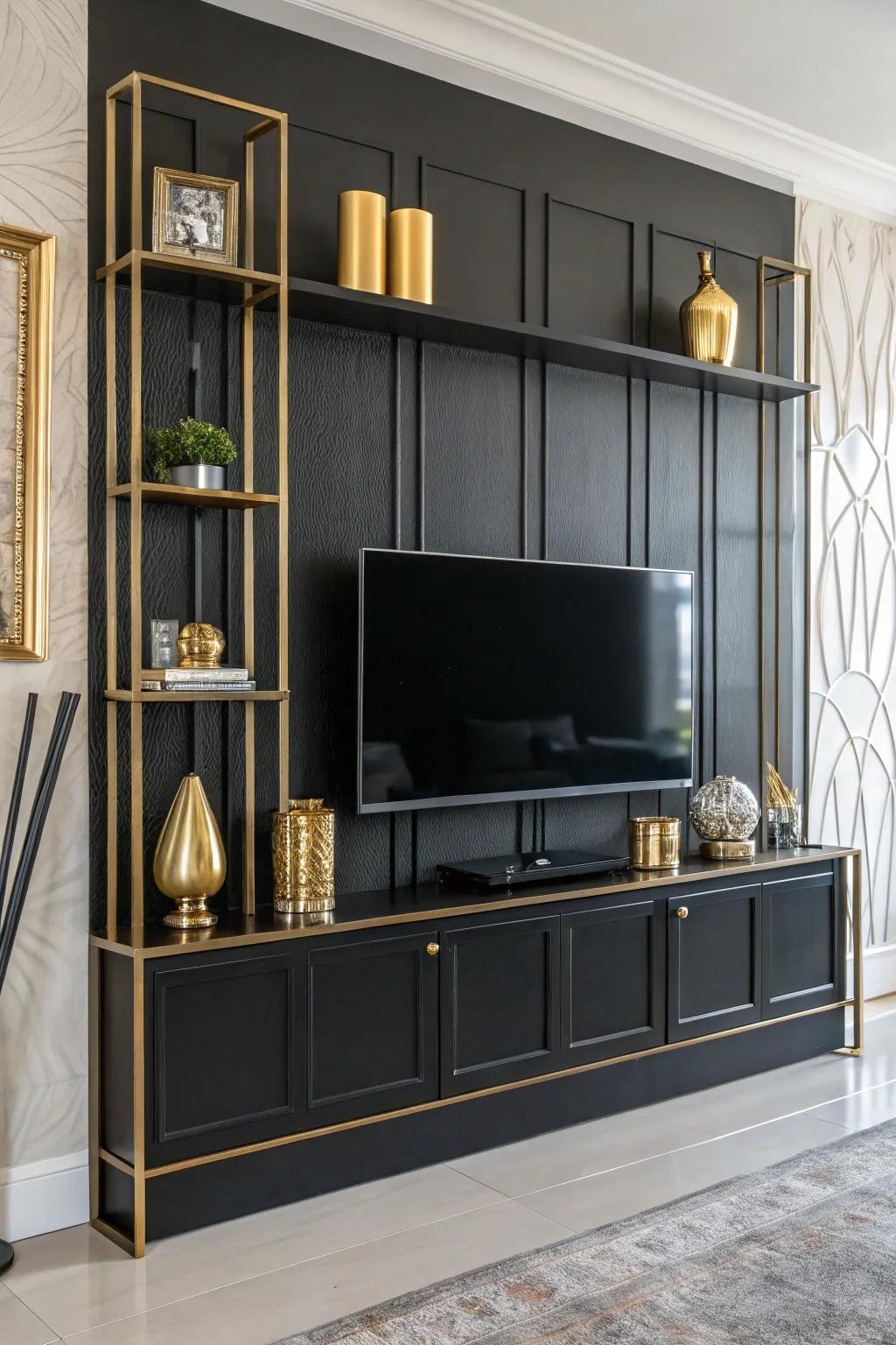 Metallic accents introduce a trace of allure to a dark accent wall.