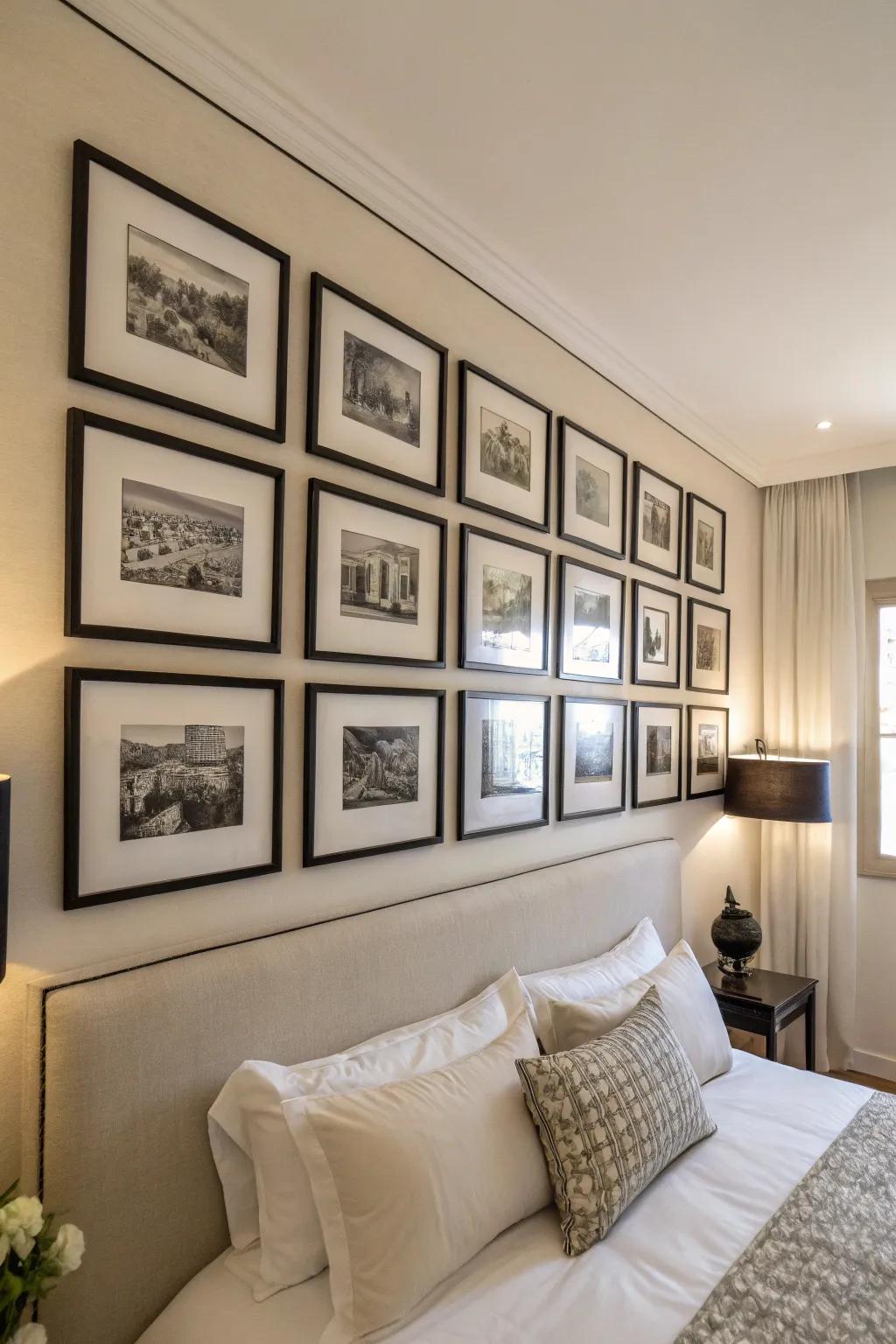 An art gallery in monochrome enriches the space with dimension and uniqueness.