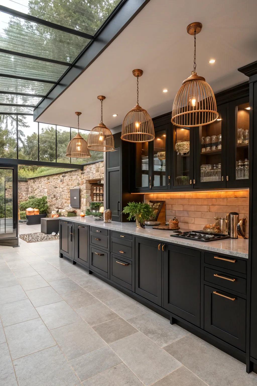 Bronze emphases enhance the functionality of an open kitchen design.