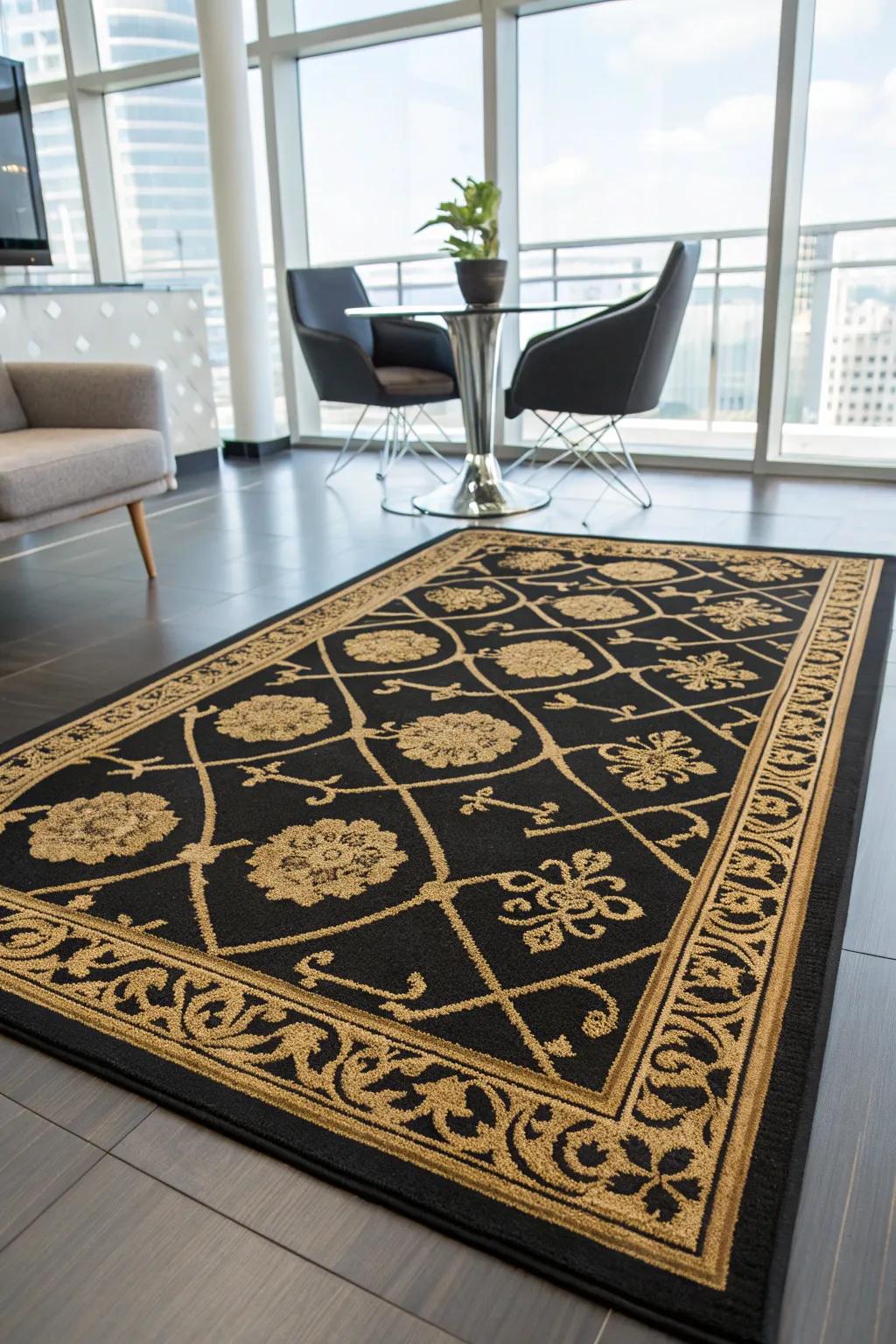 A dark and gold floor covering adds warmth and panache to your office decor.