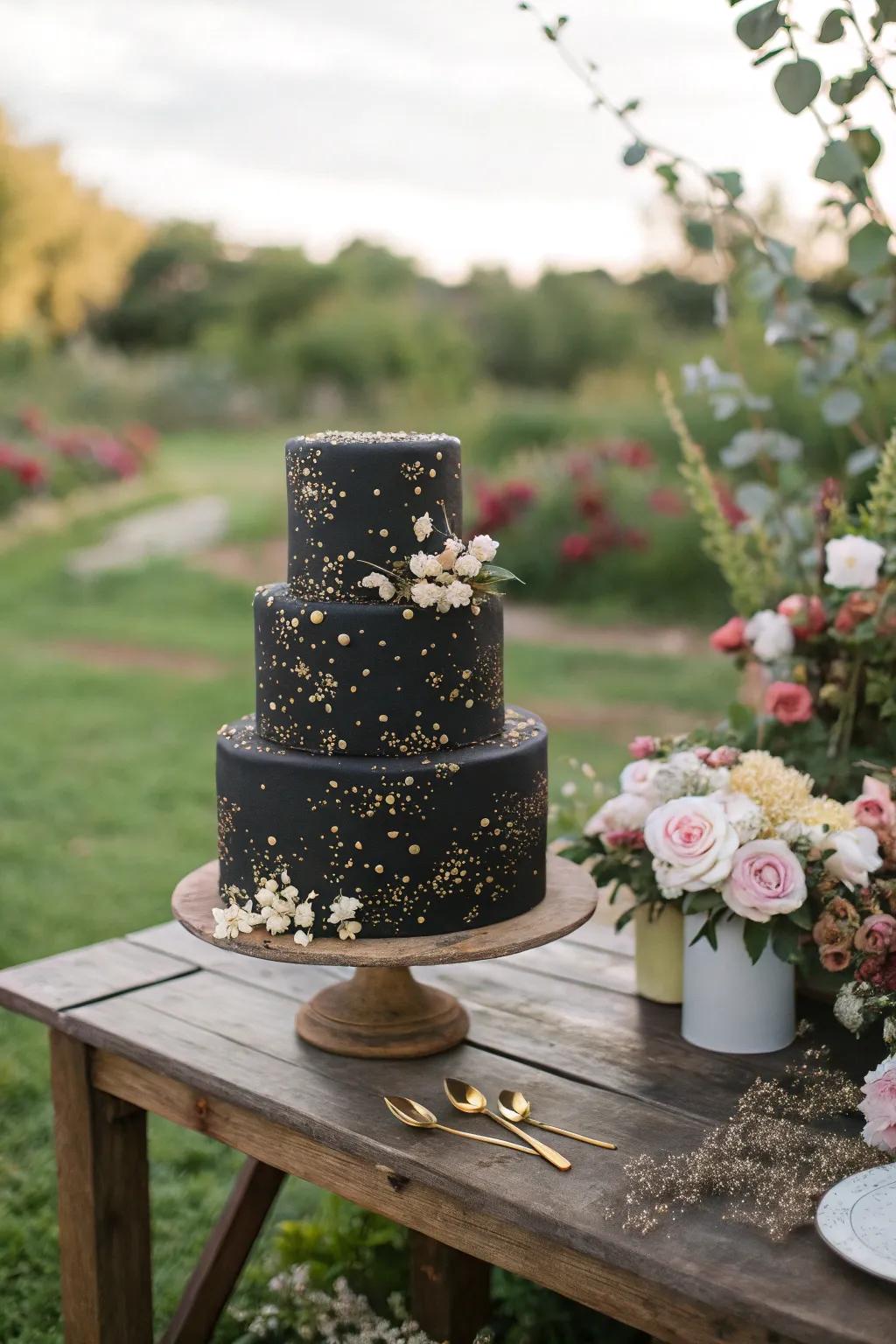 Gilded dust adds a whimsical sparkle to this elegant black cake.