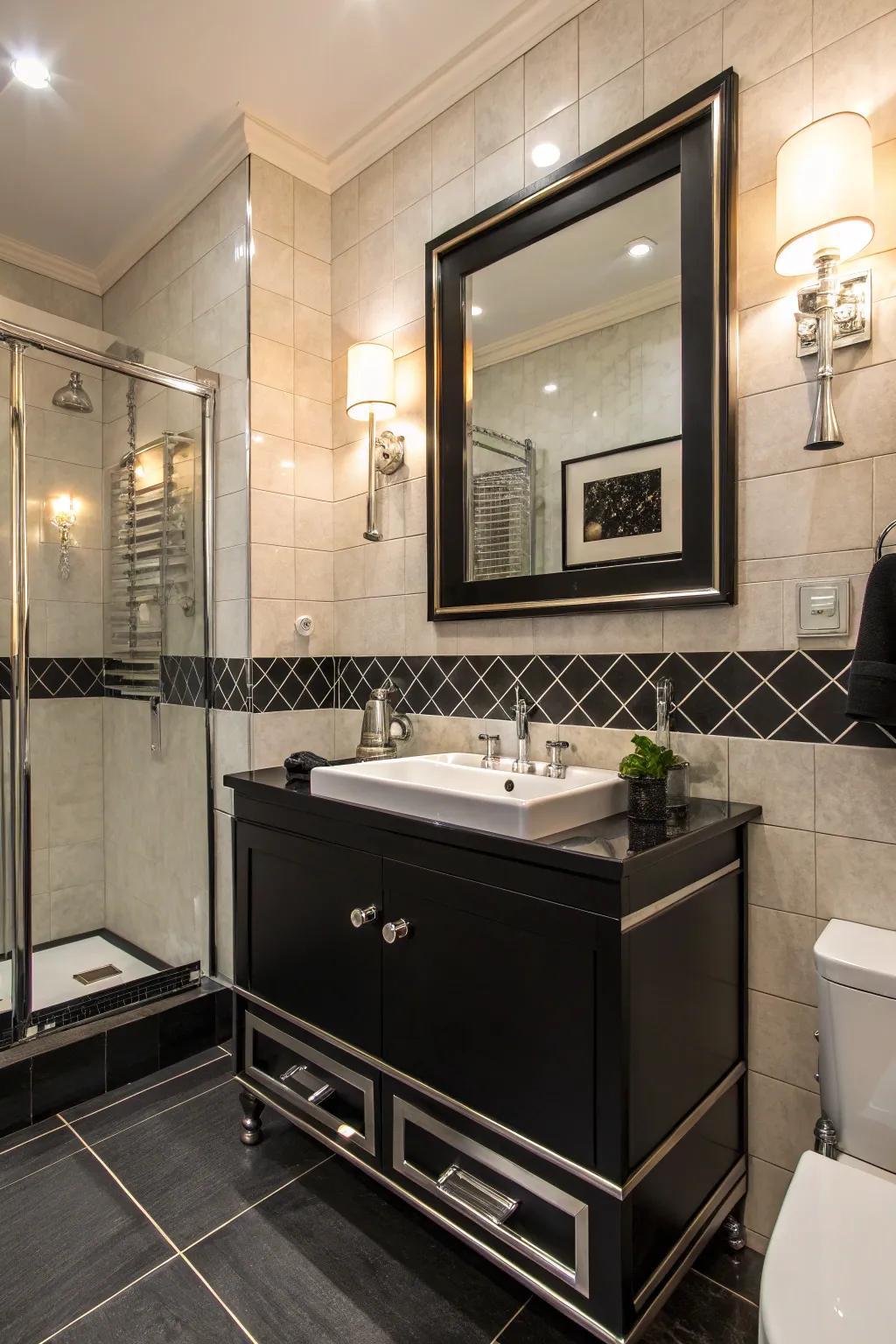A bathroom showcasing contemporary mountings that add a sleek, contemporary flair.