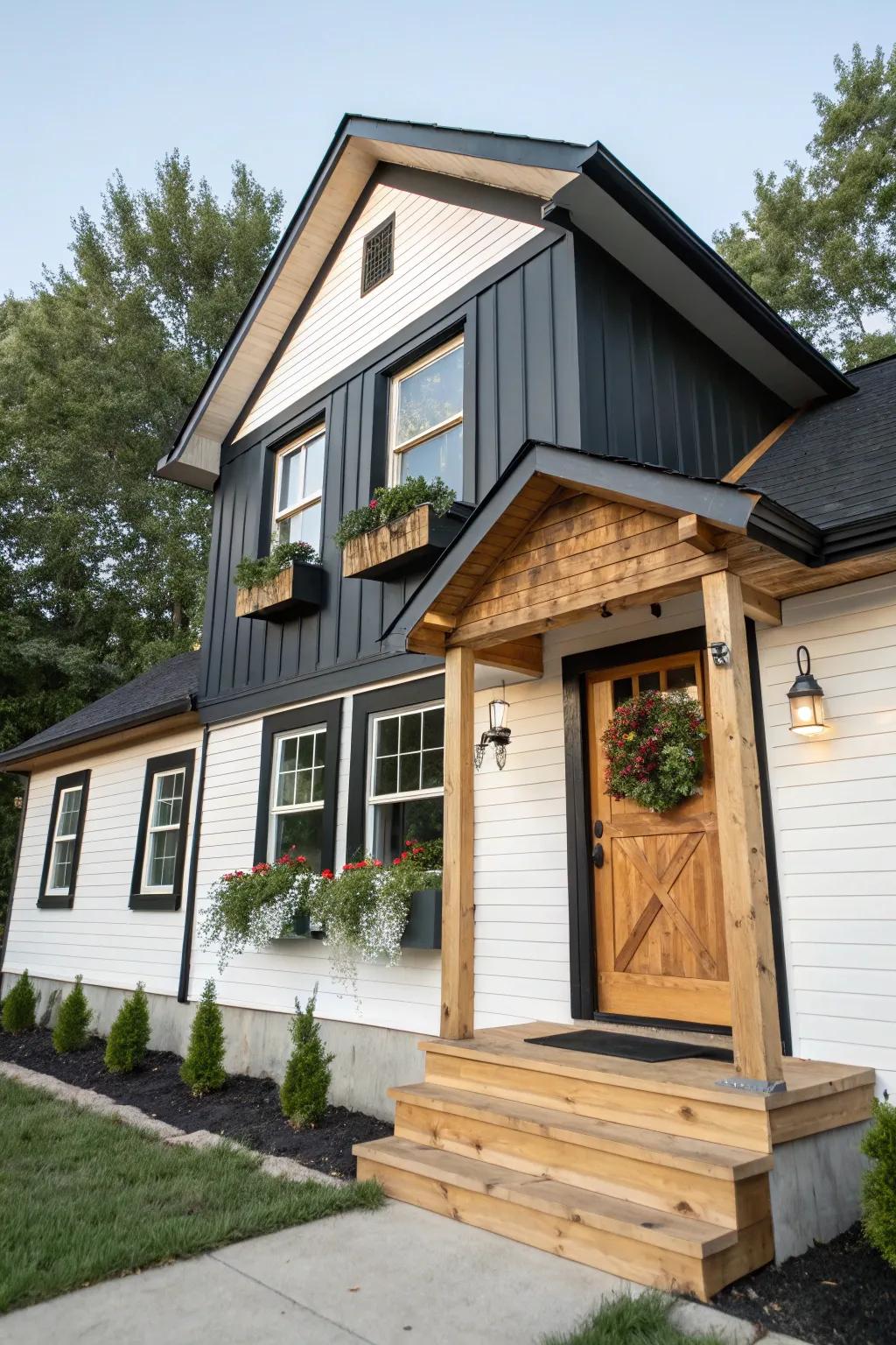 Timber features add coziness to this black and white exterior.