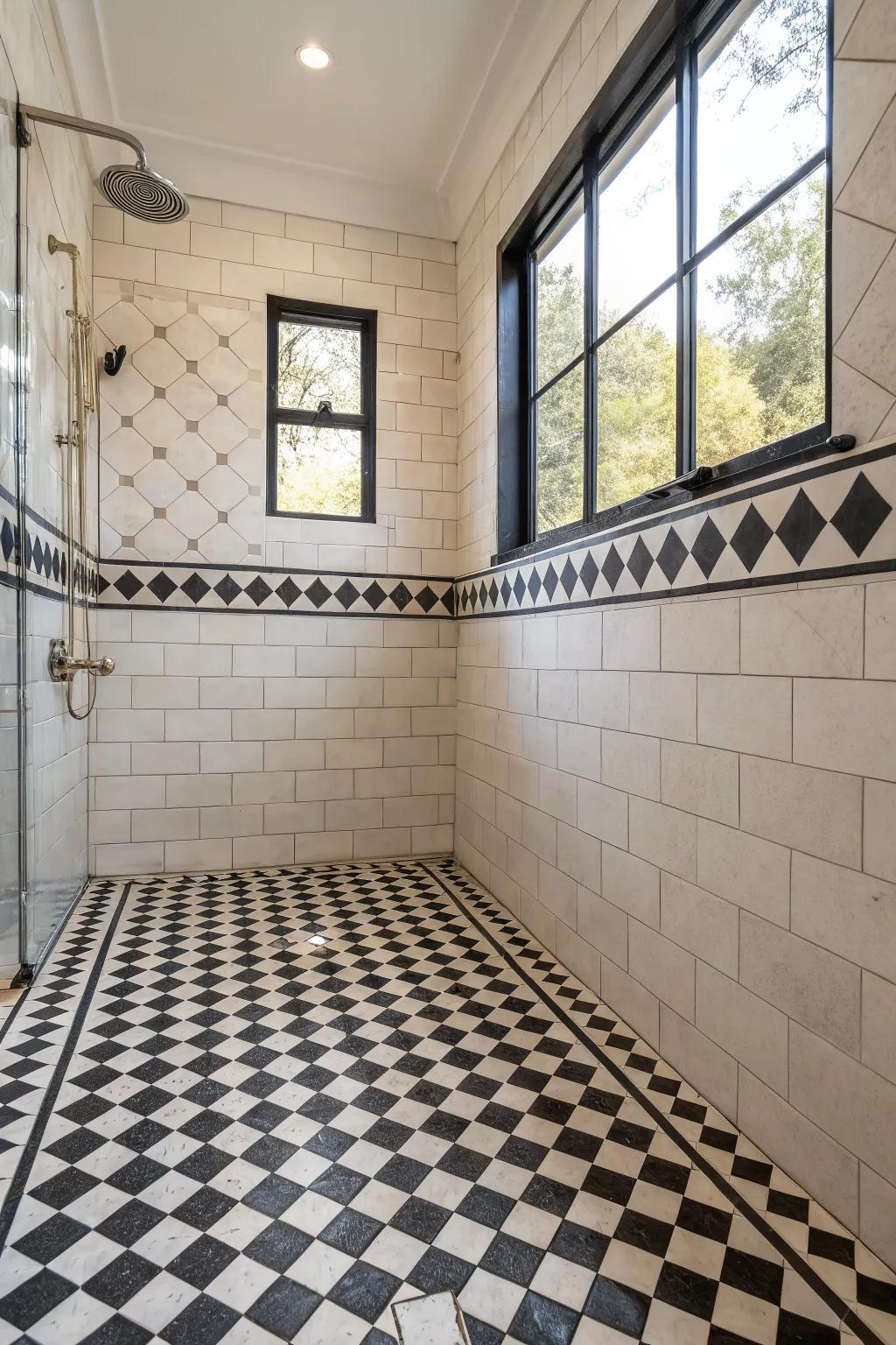 A checkerboard arrangement adds a vintage hint to the shower.