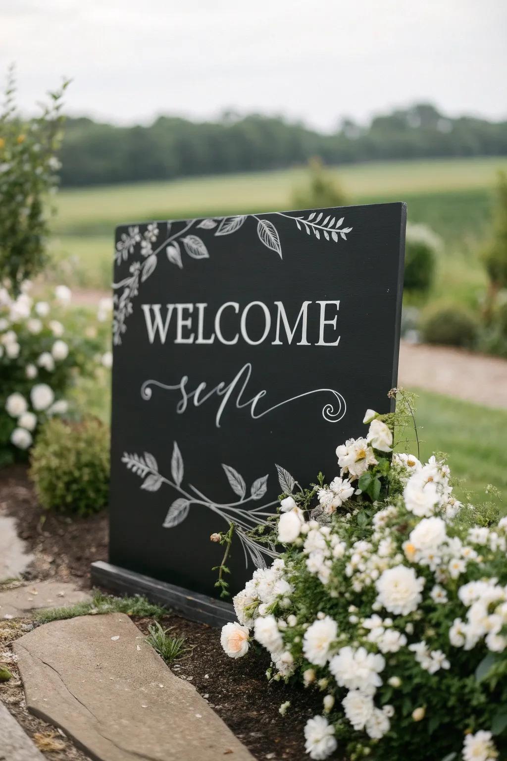 A stylish greeting sign creates a fantastic first impression for wedding guests.