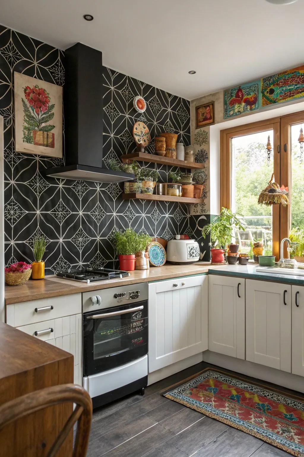 Artistic patterns transform an ebony backsplash into a unique focal point in this kitchen.
