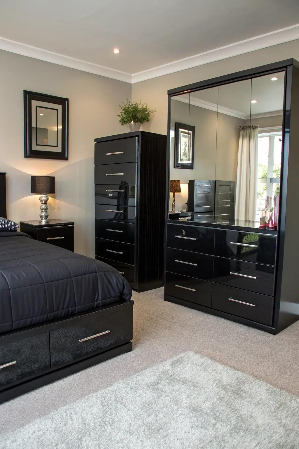 Reflective paneling introduces brightness and space to this chic bedroom.