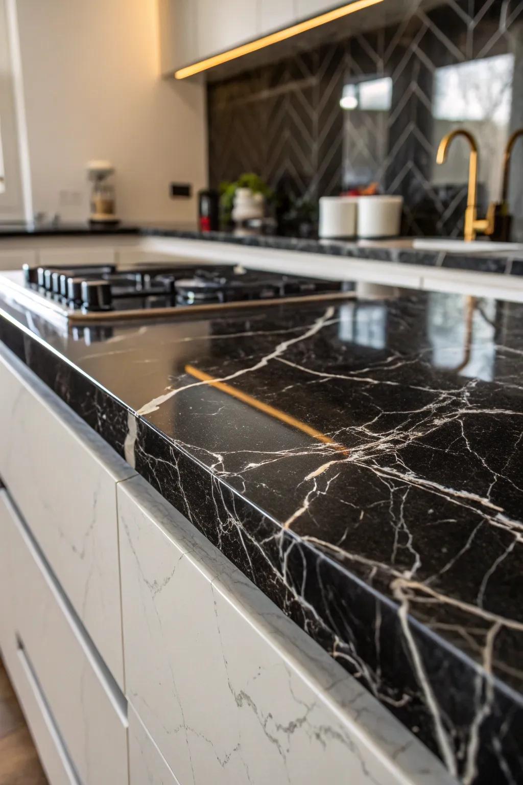 Veined black countertops introducing depth and sophistication.