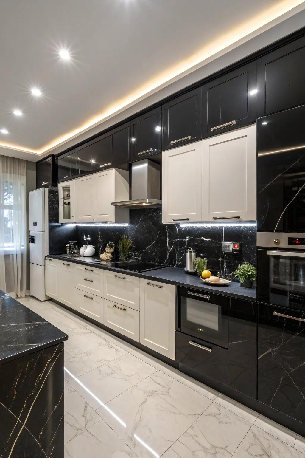 Monochrome scheme using ebony worktops and cupboards.