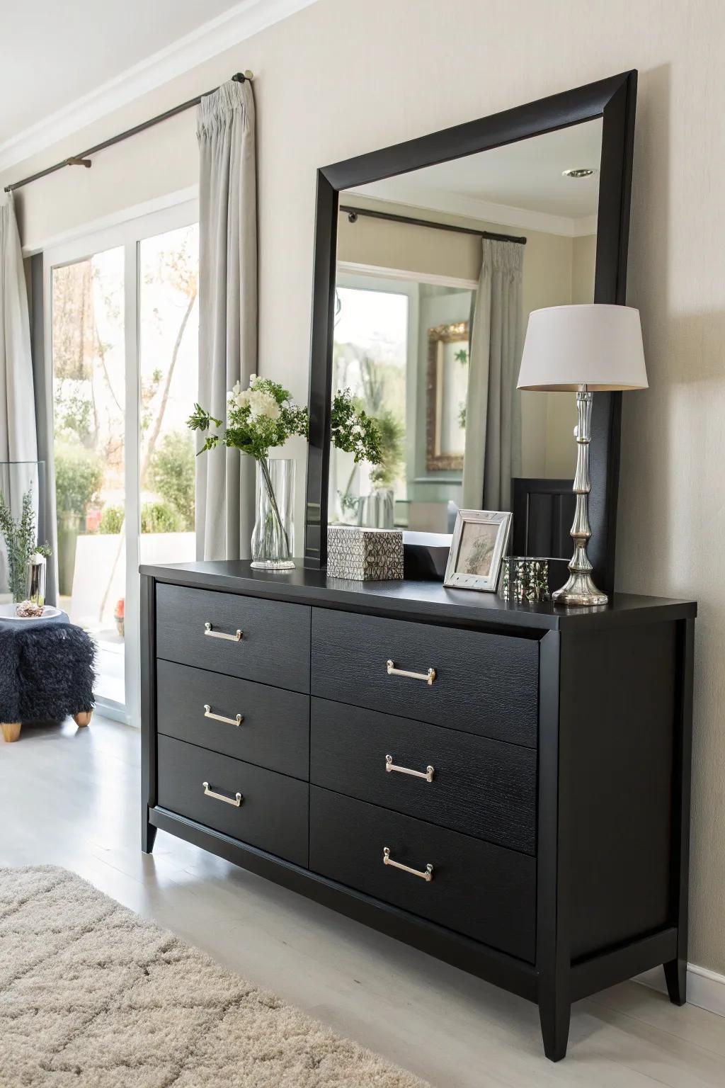 A dark wood dresser enhanced with a stylish mirror.