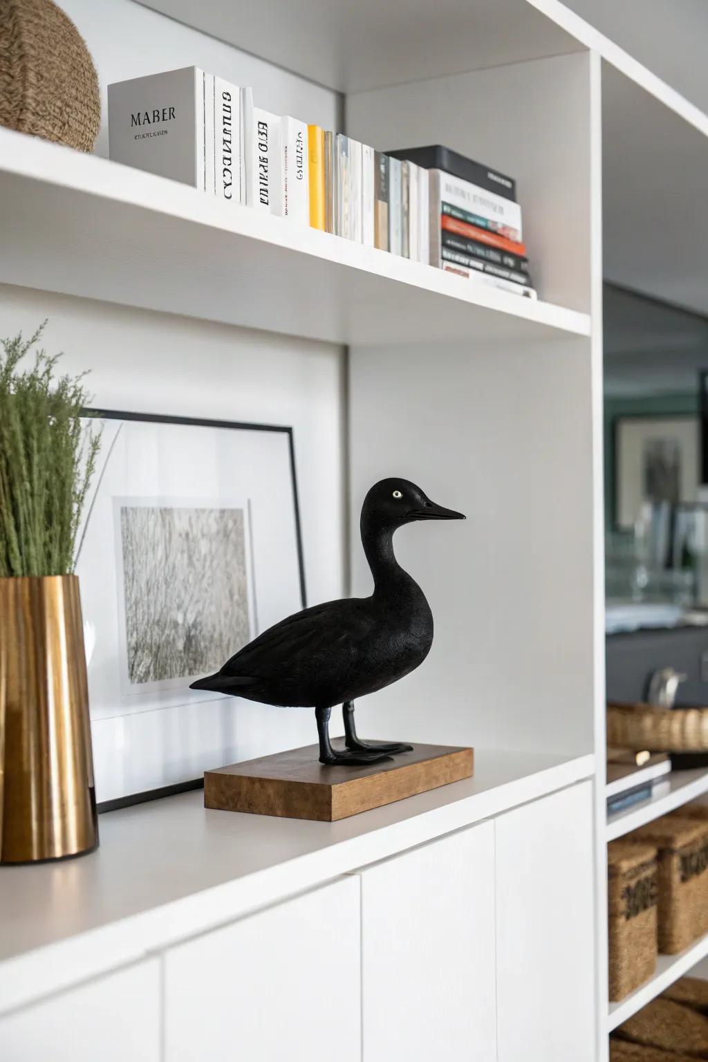 A sparse bronzewing sculpture ideally stationed within streamlined surrounds.