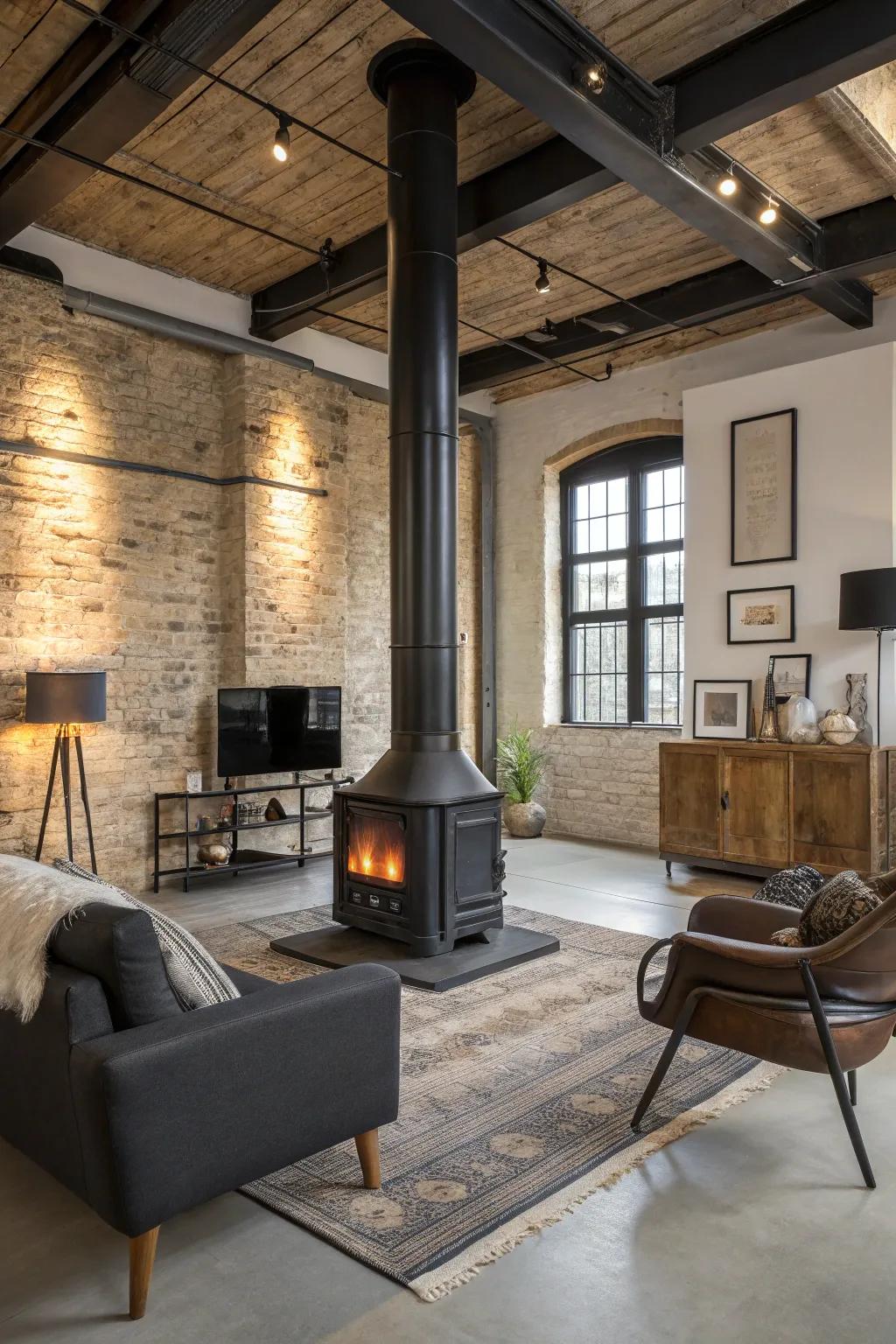 Add a modern factory look with a sleek dark metal hearth.