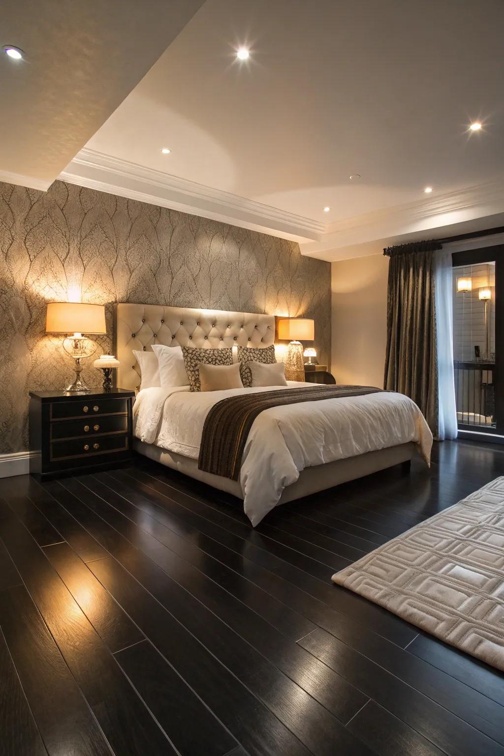 Remarkable yet serene bed room with dark floors.