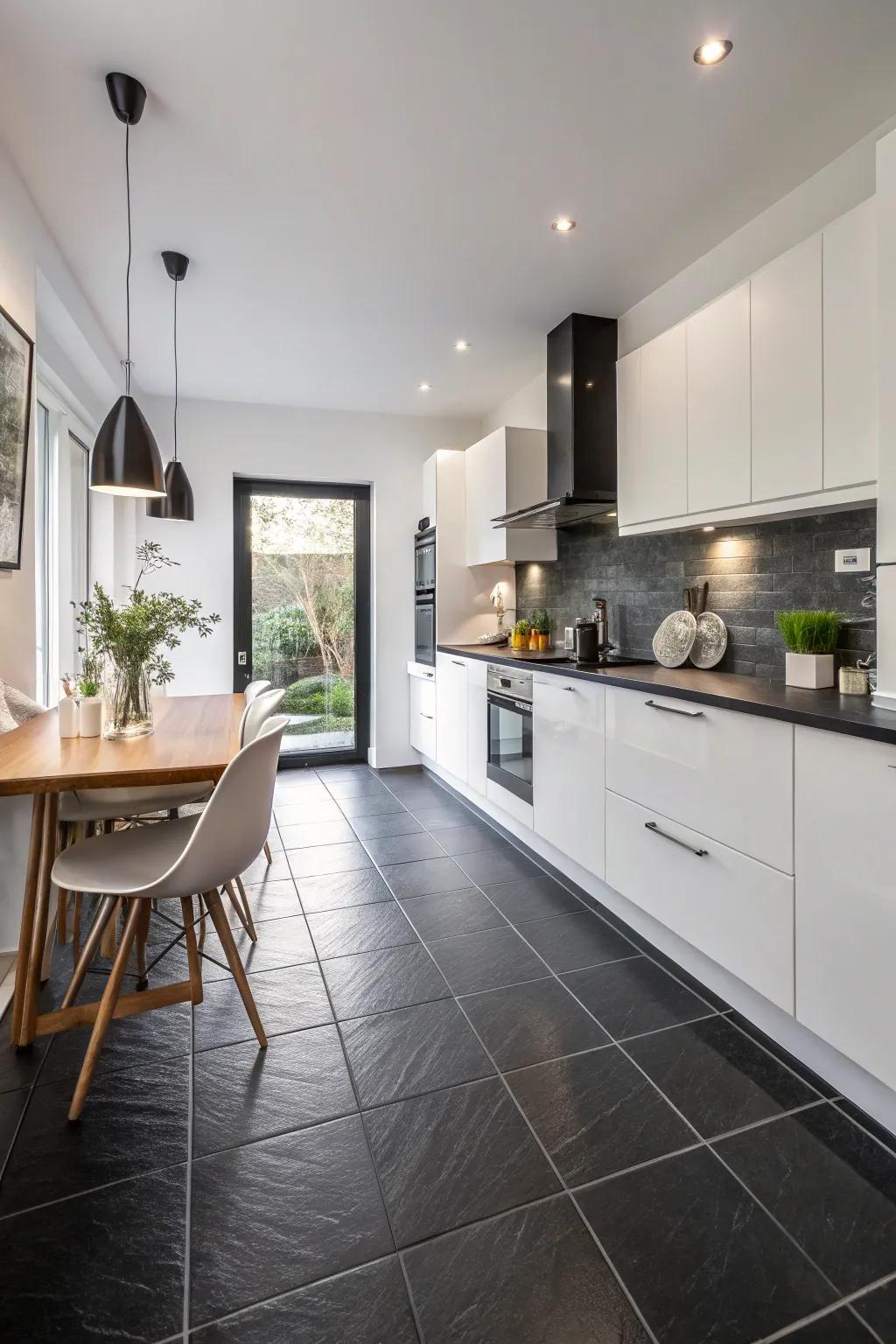 A kitchen where ebony floors are lightened by crisp ivory elements.