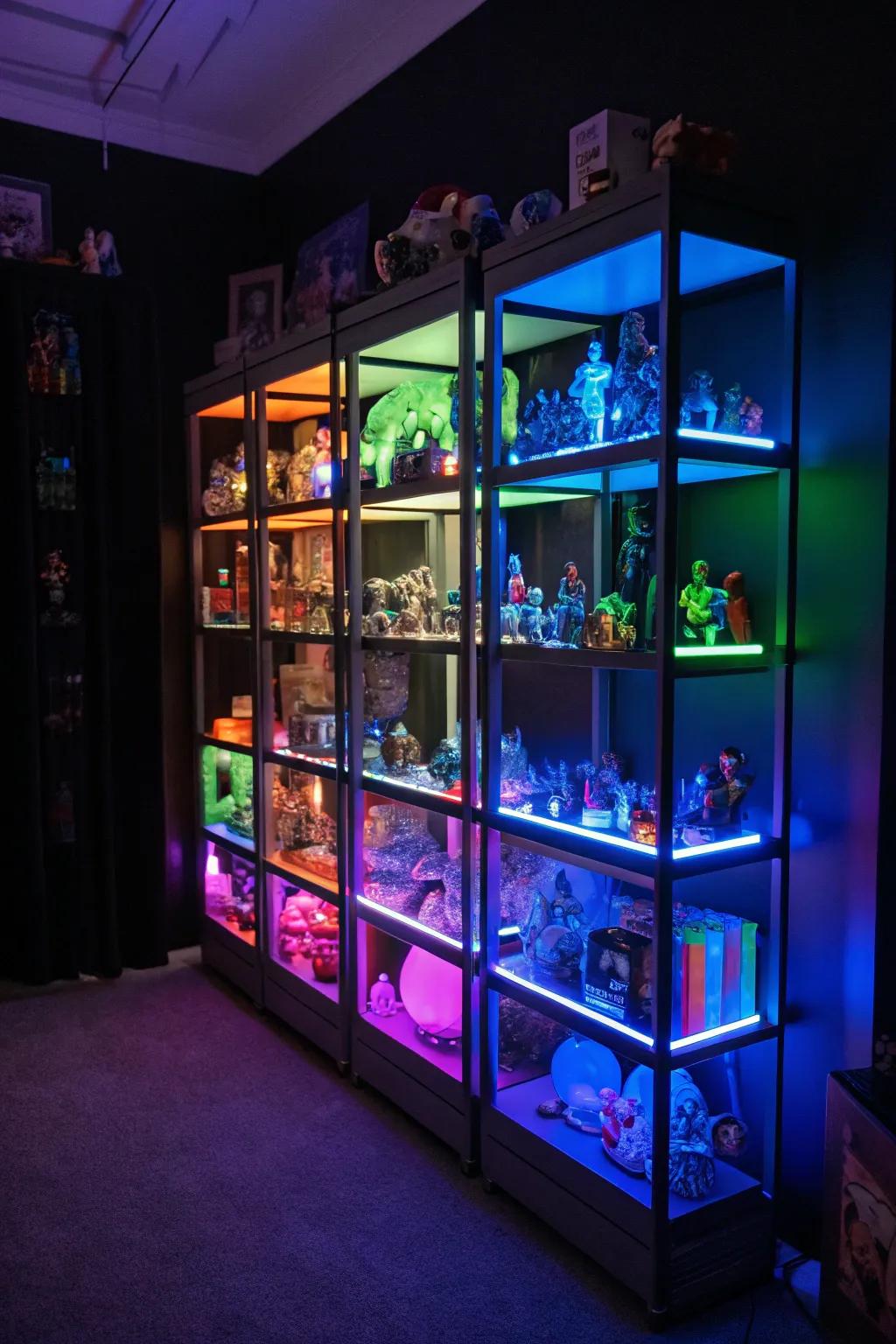 Shining shelves emphasize your prized possessions.