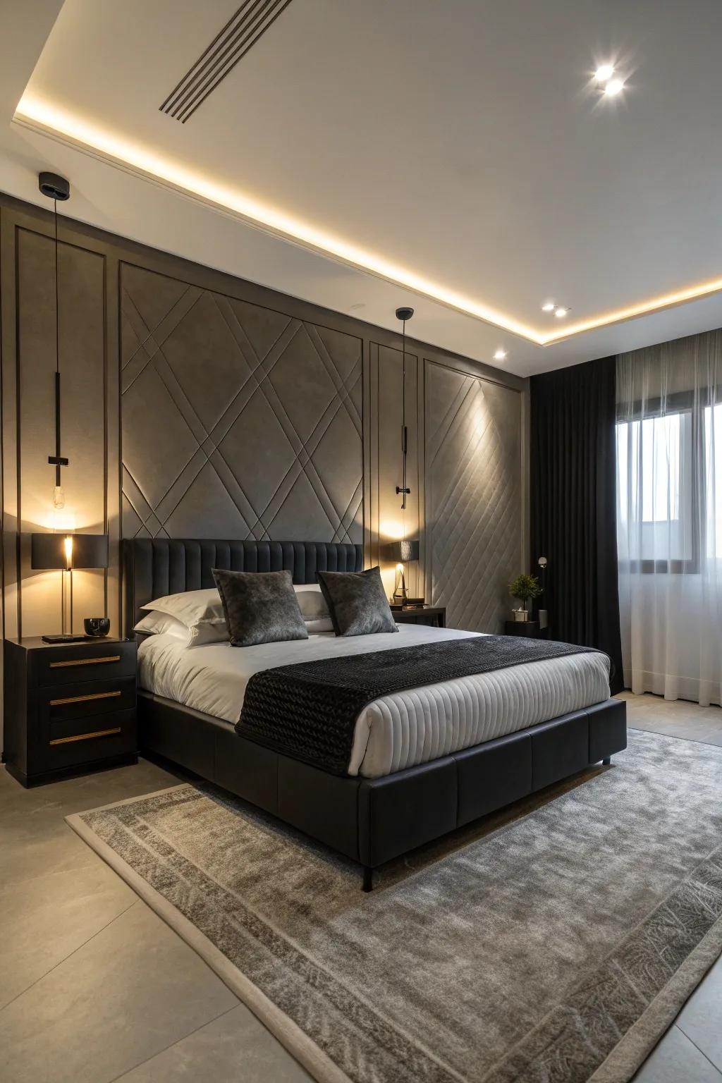 A deep-hued bed frame grounds the room's design.