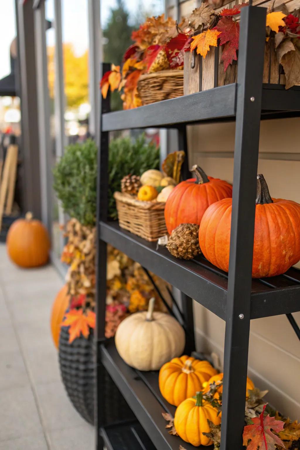 Seasonal decor items reflecting the current season upon a dark-colored shelf.