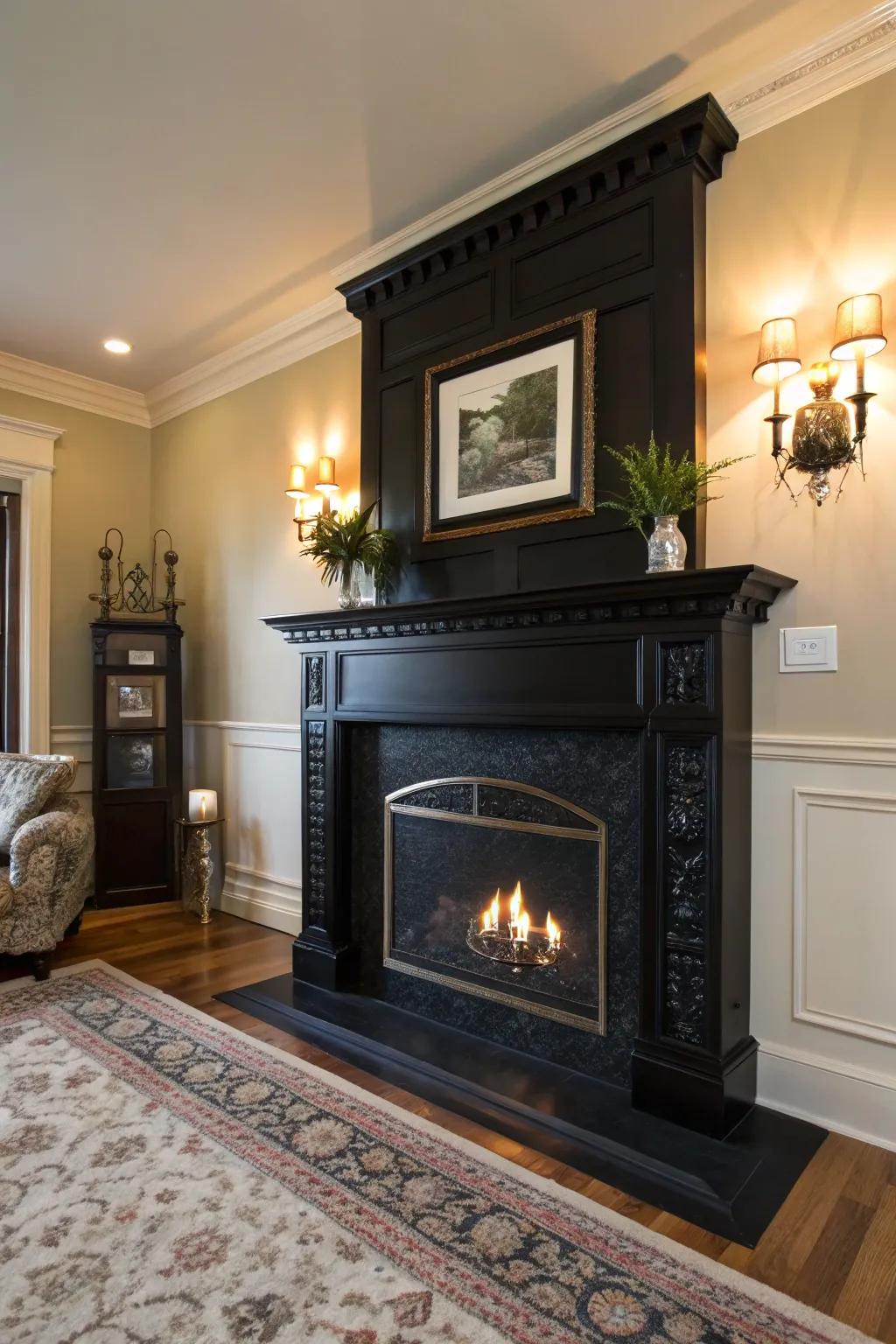 A fireplace painted black serving as the room's centerpiece.
