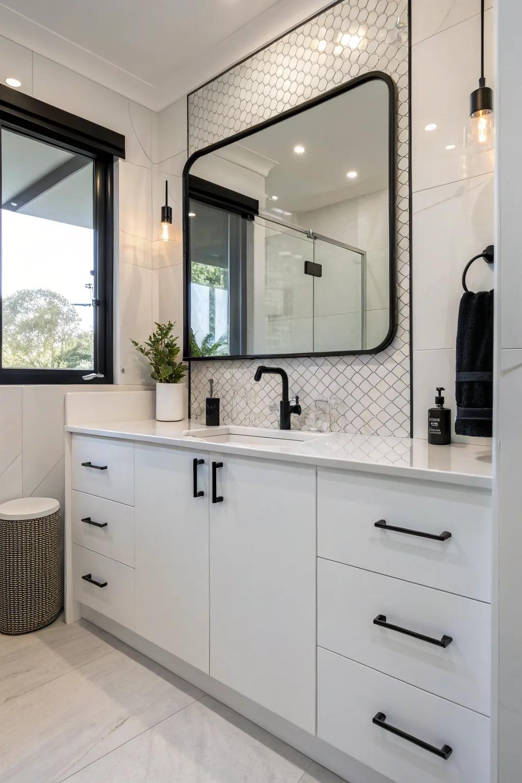 Glossy white cabinetry enhances the brightness and spaciousness of the bathroom.