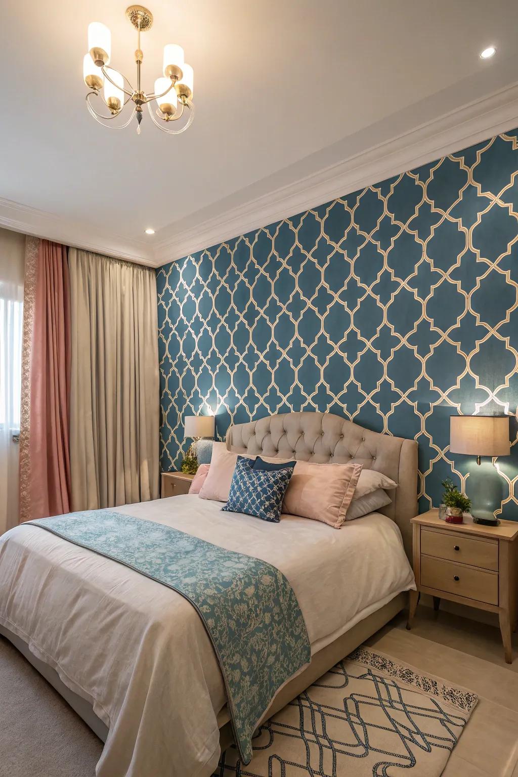 A surprising twist is added by a bold pattern on an accent wall.