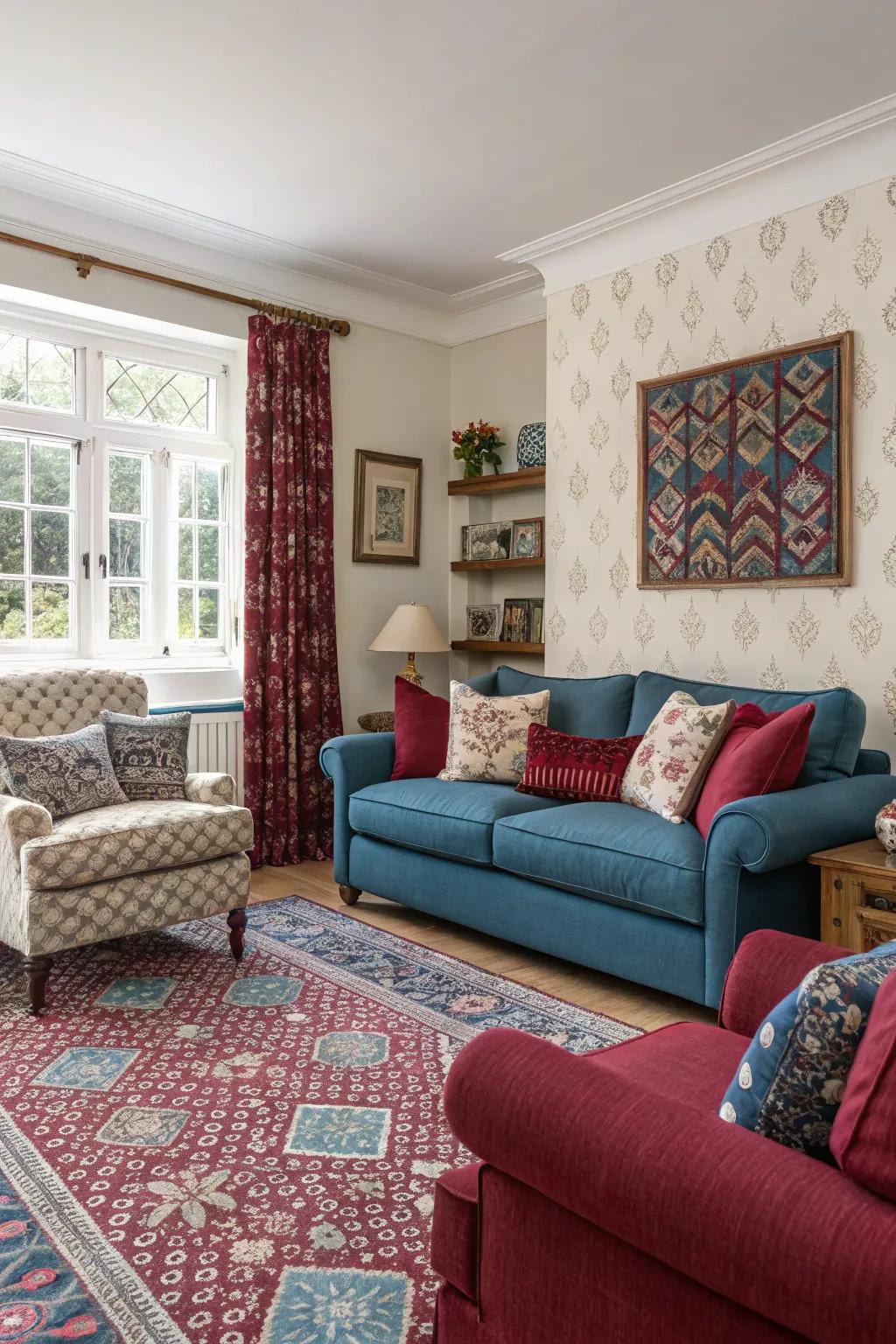 Intermingling motifs in azure and wine tones fashions a visually dynamic space.