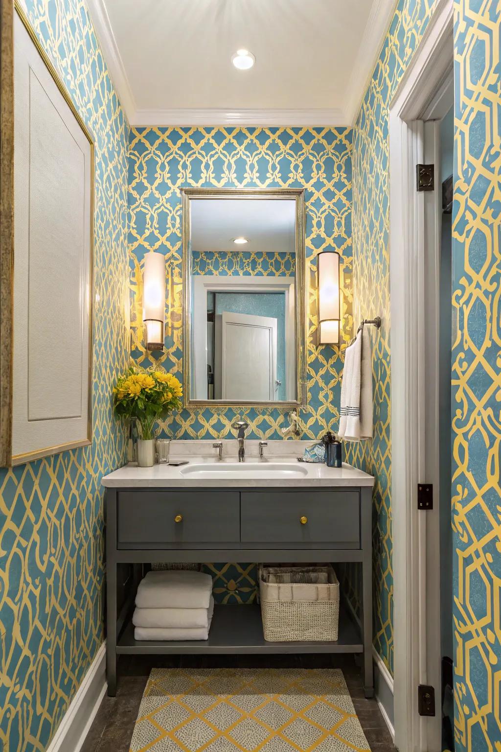 A lavatory transformed with striking azure and gold wall covering.