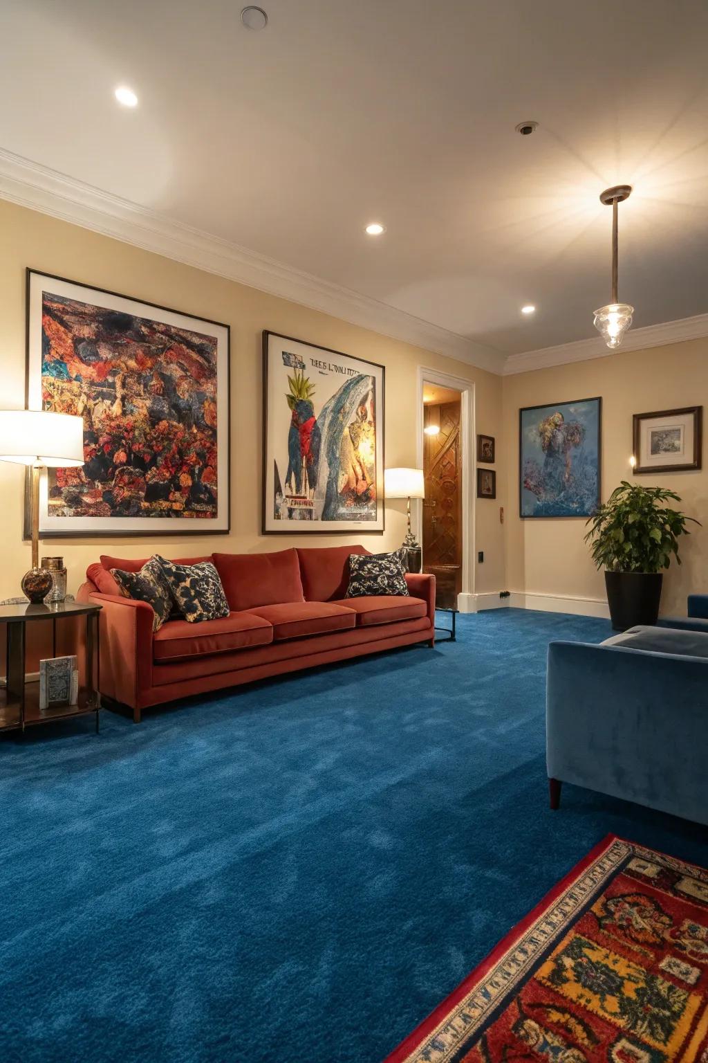 Statement art and blue carpet combine for a sophisticated, artful living space.