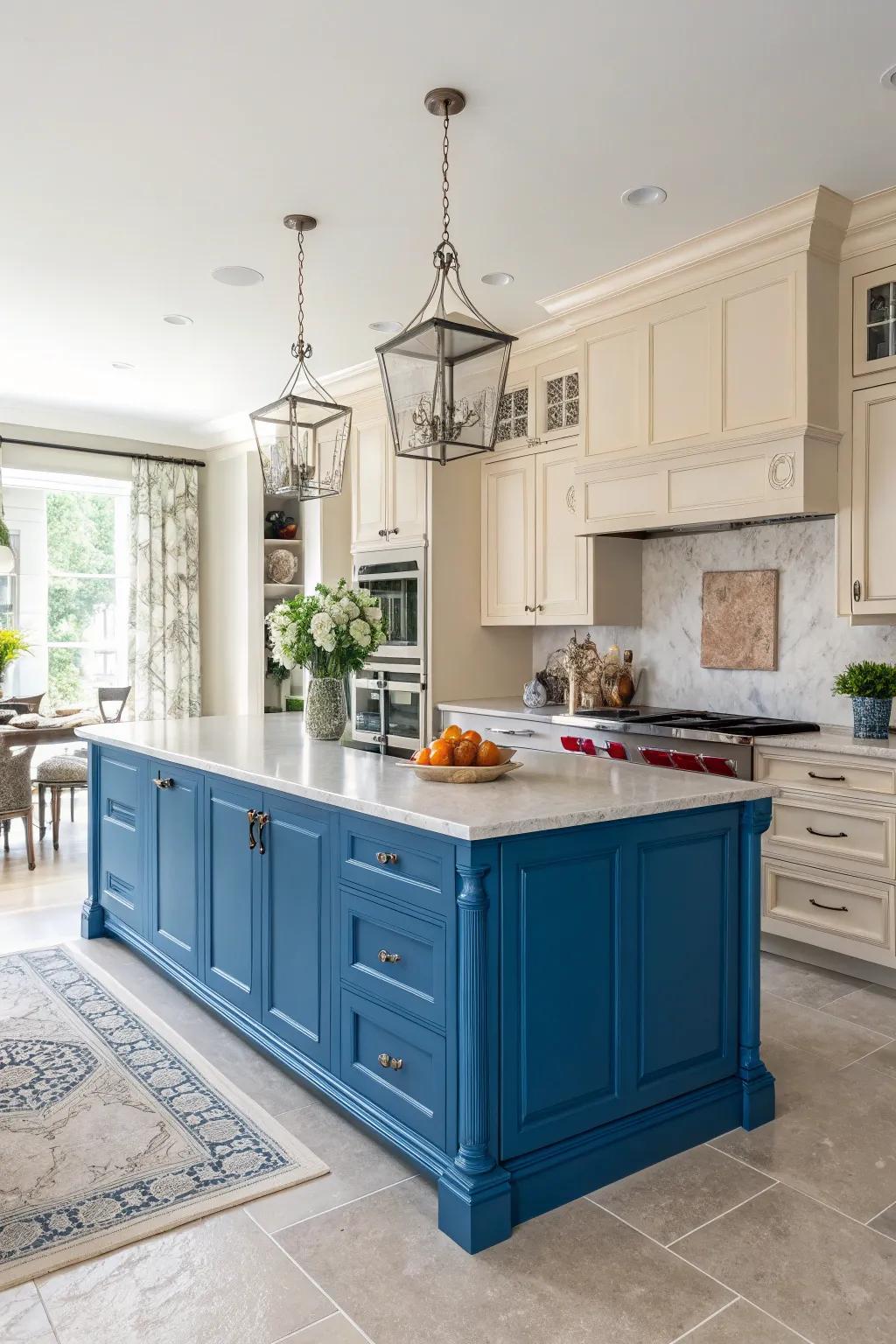 A striking azure cooking area hub serves as a conspicuous focal point in a neutral cooking space.