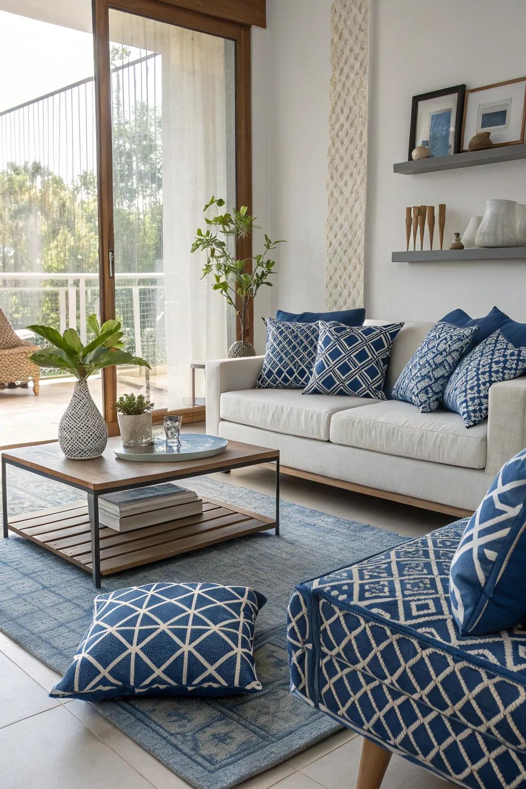 Geometric patterns in blue contribute a modern twist to this trendy living room.
