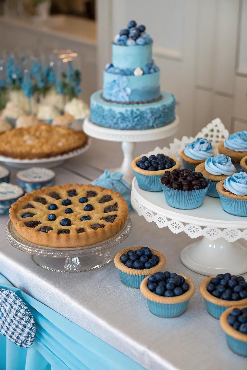 A delicious variety of azure-themed desserts on showcase.
