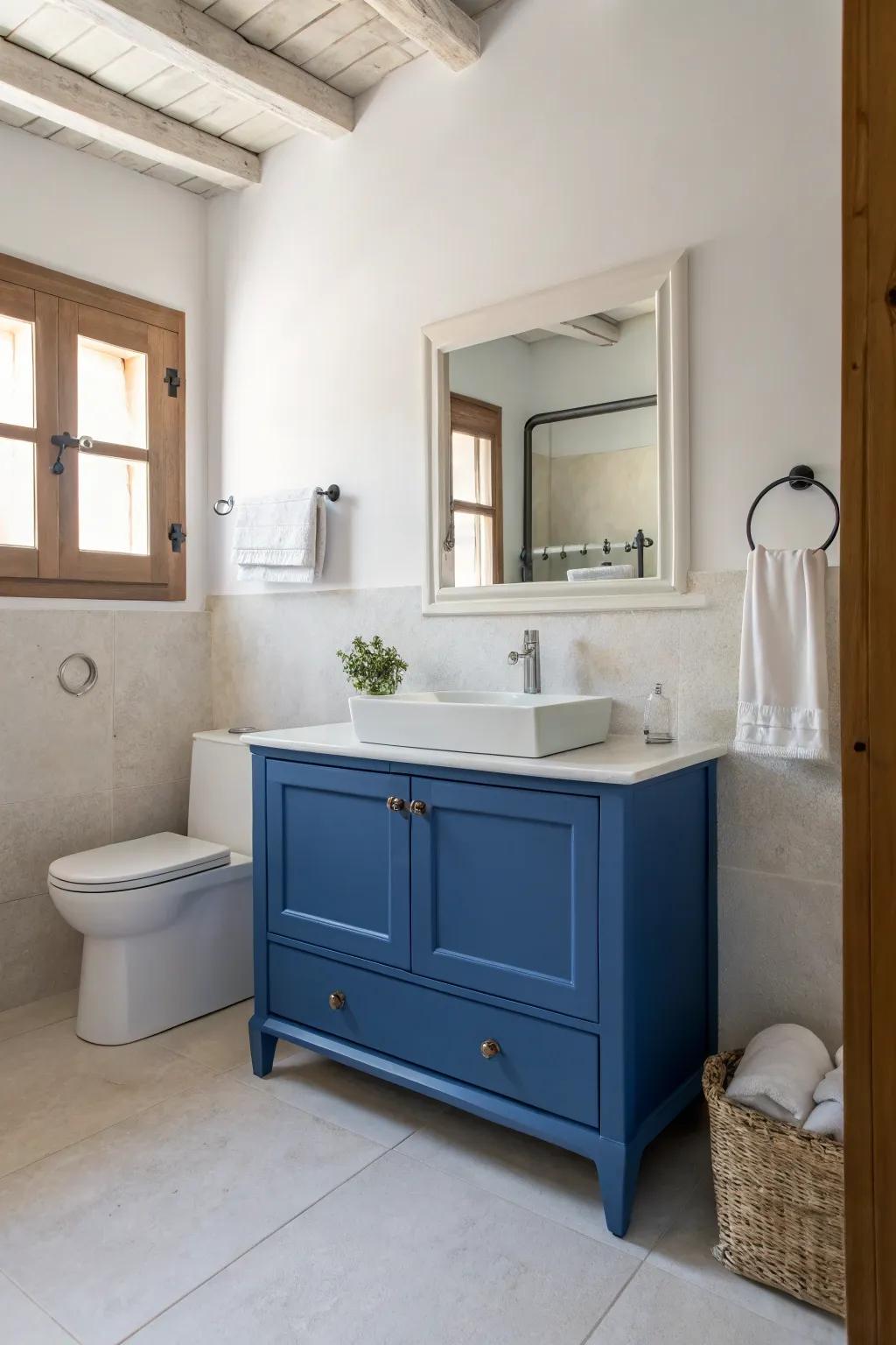 A minimalist blue vanity establishes a tranquil and uncluttered space.