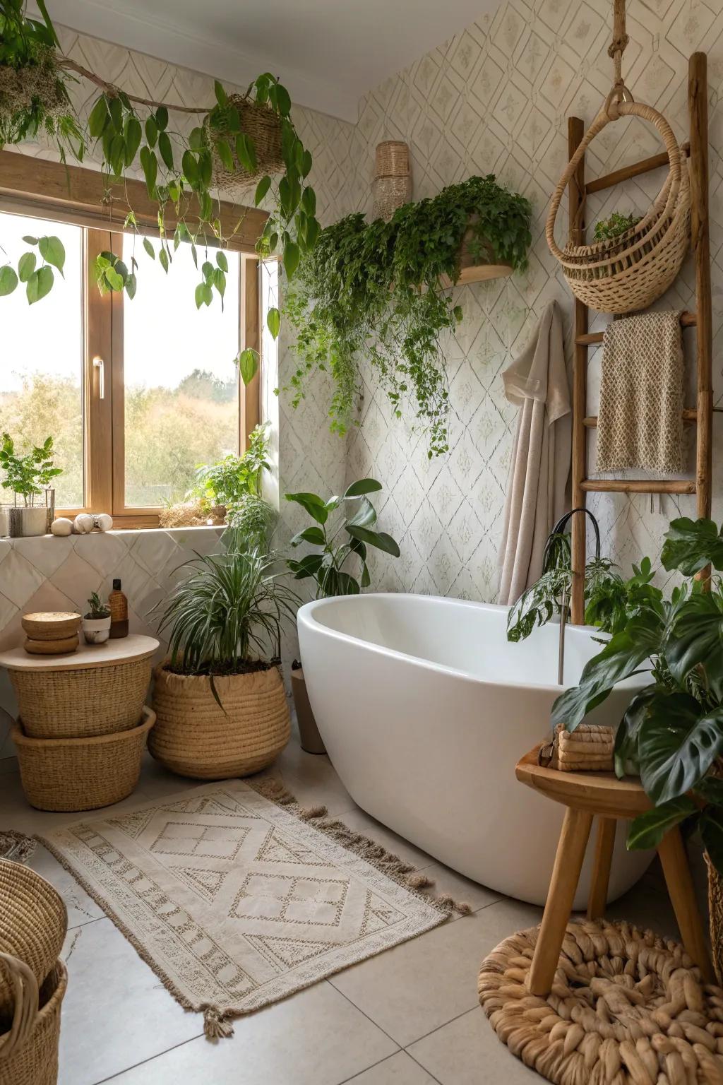 A luxurious boho bathroom featuring a stand-alone bathtub.