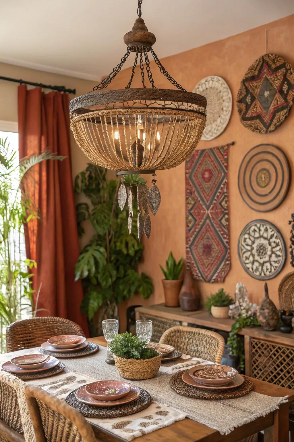 A show-stopping chandelier serving as a focal point inside a boho dining space.