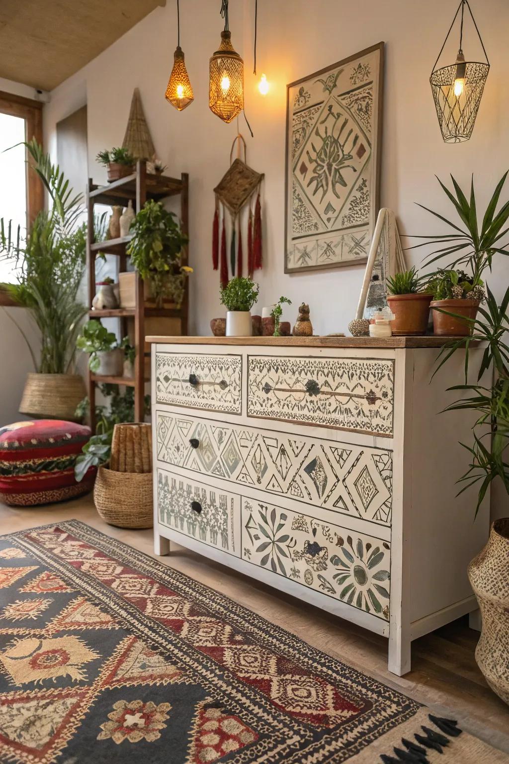 A stenciled tribal design infuses this boho dresser with an artistic touch.