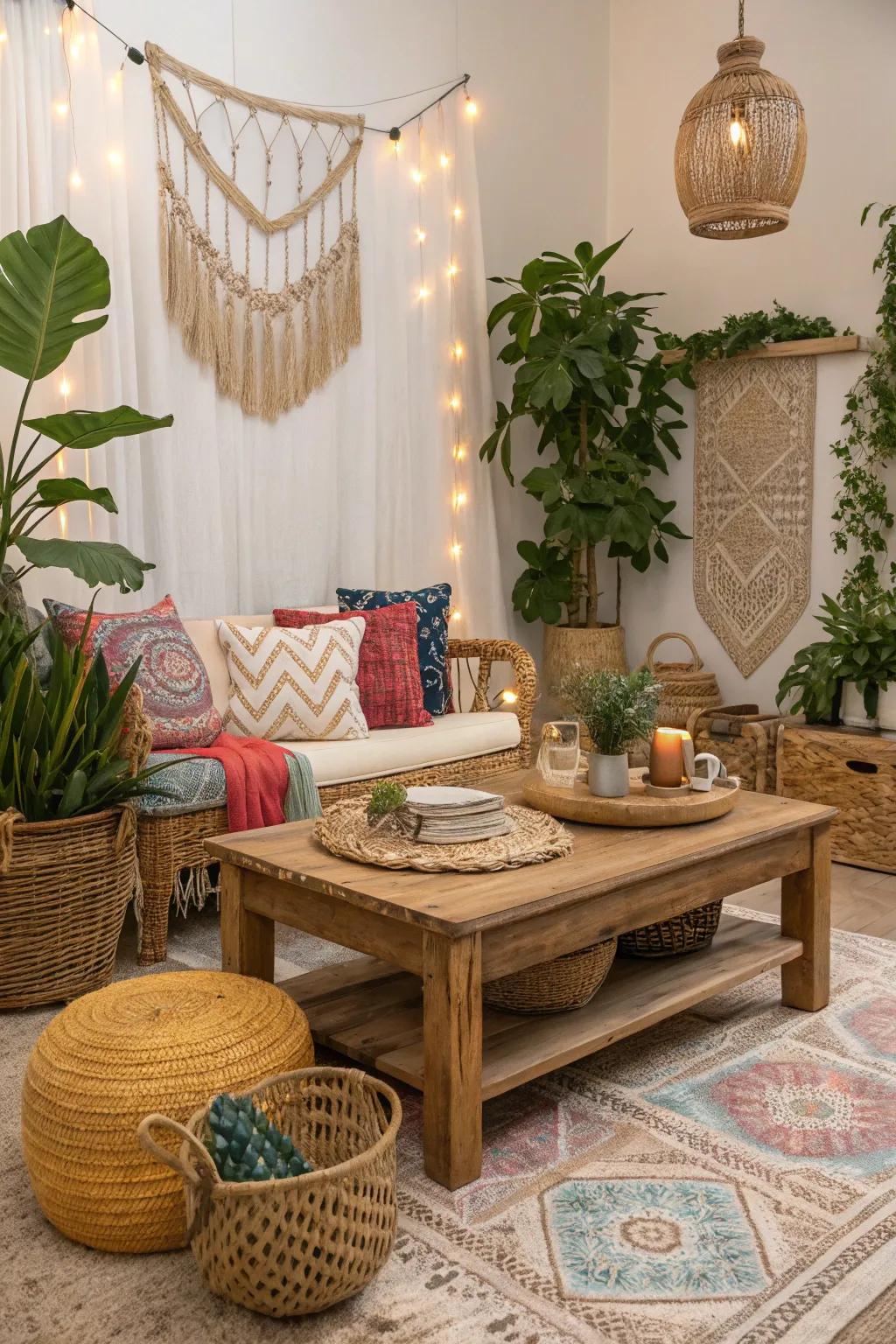 Unaltered timber elements impart warmth and anchoring to the boho glam aesthetic.
