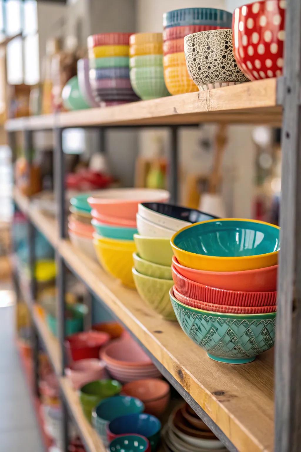 Vibrant ceramics contribute a lively touch.