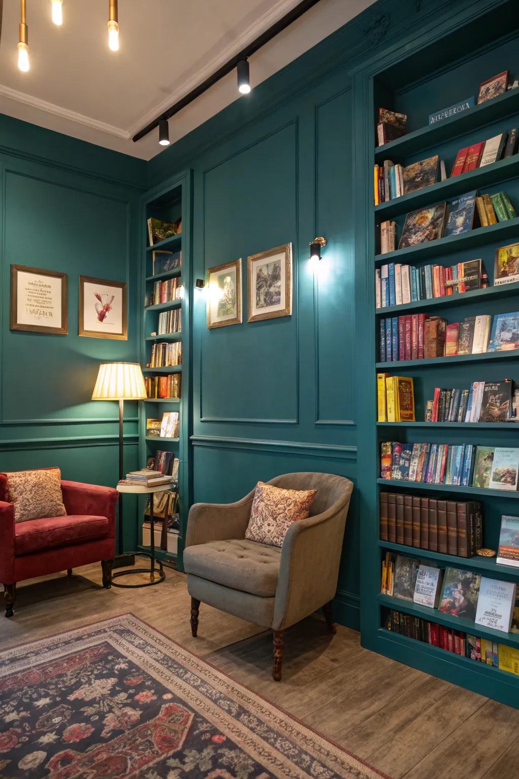 Bold teal walls provide a striking backdrop for the books.