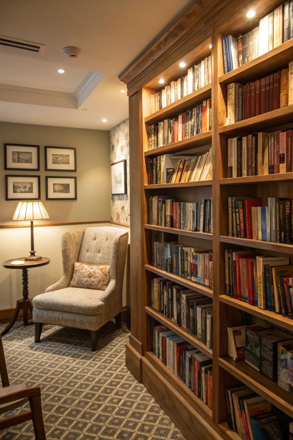 A cozy corner transformed into a book haven.
