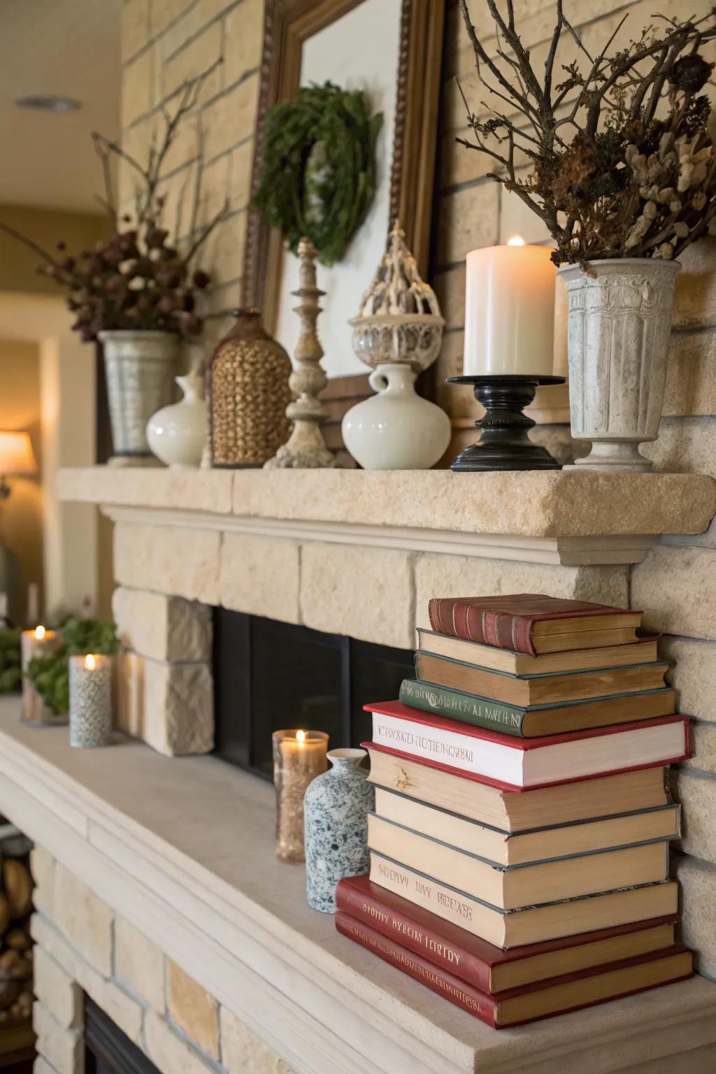 Books serve as pedestals to elevate decor.