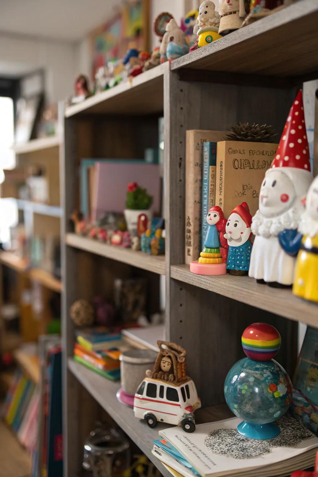 Playful decor elements append uniqueness and discussion to a shelf.