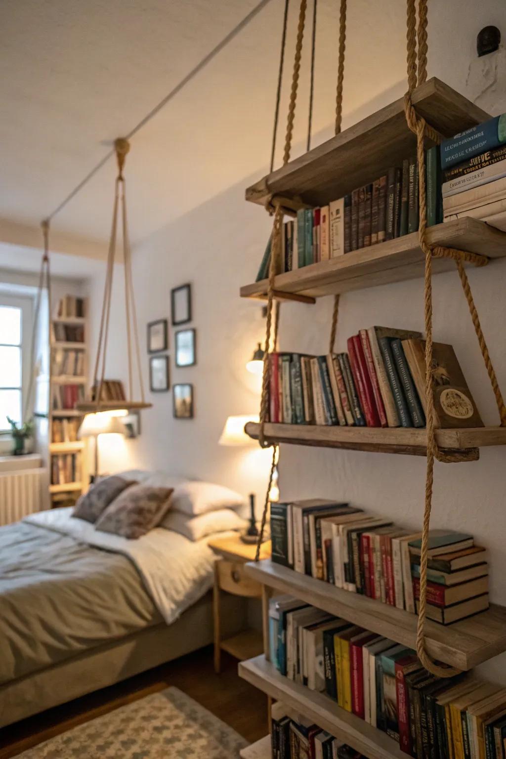 Suspended shelves that bring a unique touch to the bedroom.