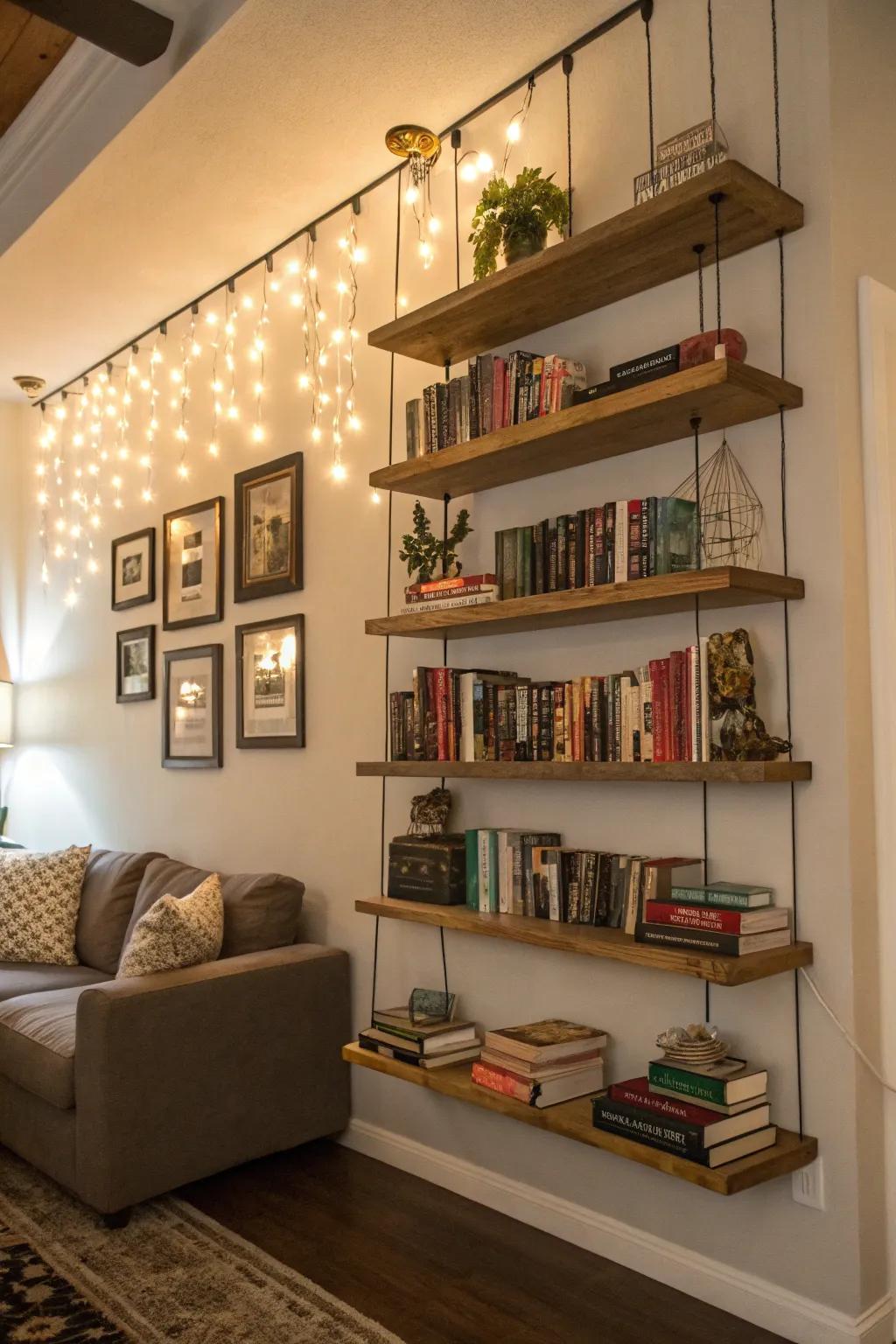 Suspended bookshelves for a polished and contemporary look.