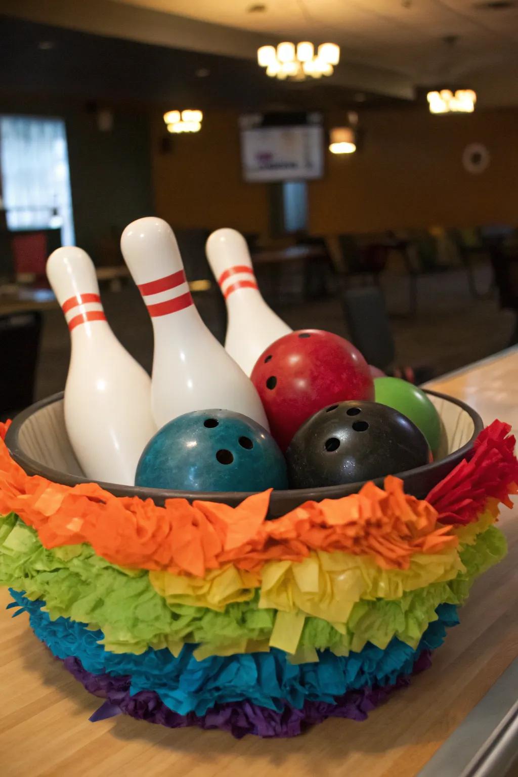 Spirited tissue paper contributes a surge of hue to your bowling centerpiece.
